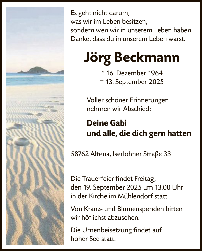 Traueranzeige für Jörg Beckmann vom 16.09.2025 aus HALN