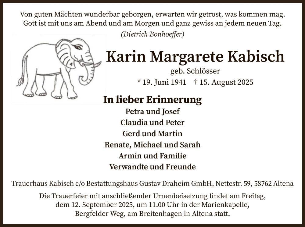  Traueranzeige für Karin Margarete Kabisch vom 06.09.2025 aus HALN