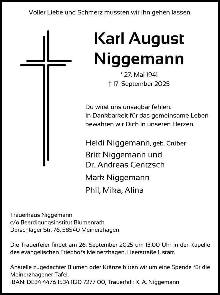 Traueranzeige für Karl August Niggemann vom 23.09.2025 aus HALN