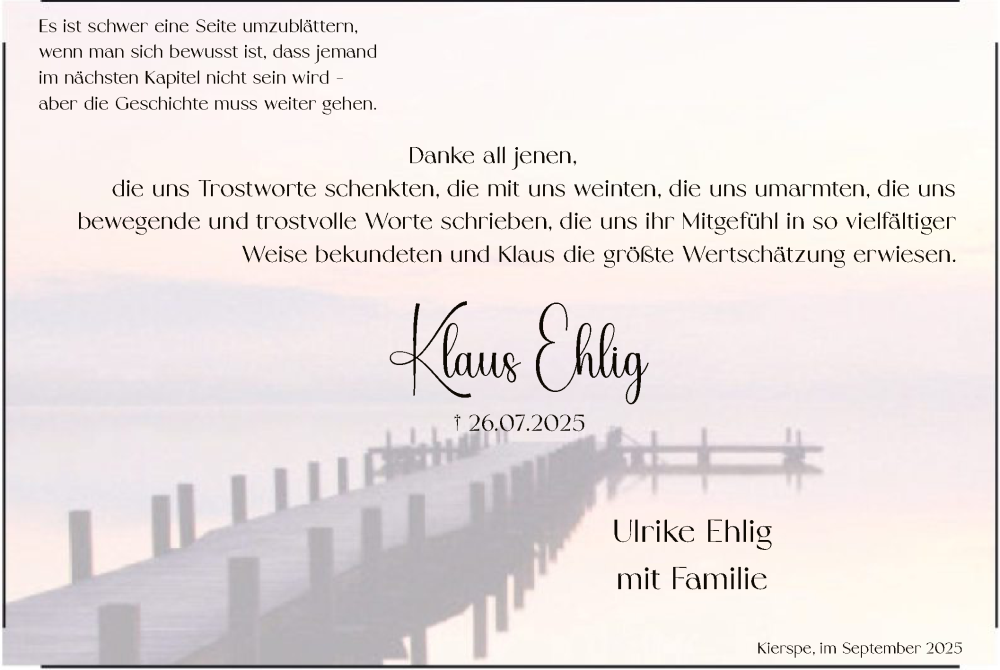  Traueranzeige für Klaus Ehlig vom 06.09.2025 aus HALN