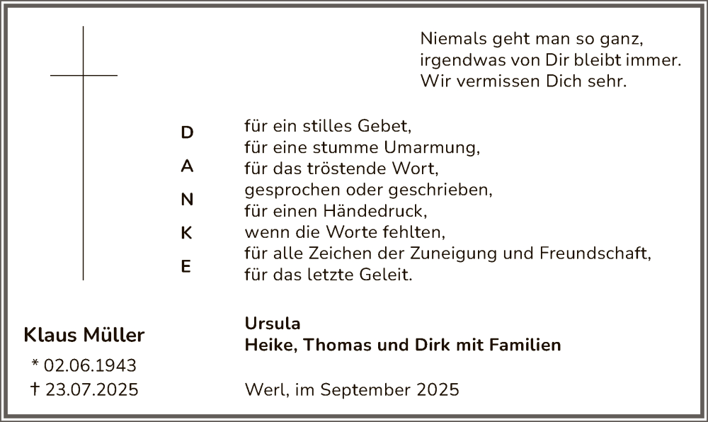  Traueranzeige für Klaus Müller vom 09.09.2025 aus HASO