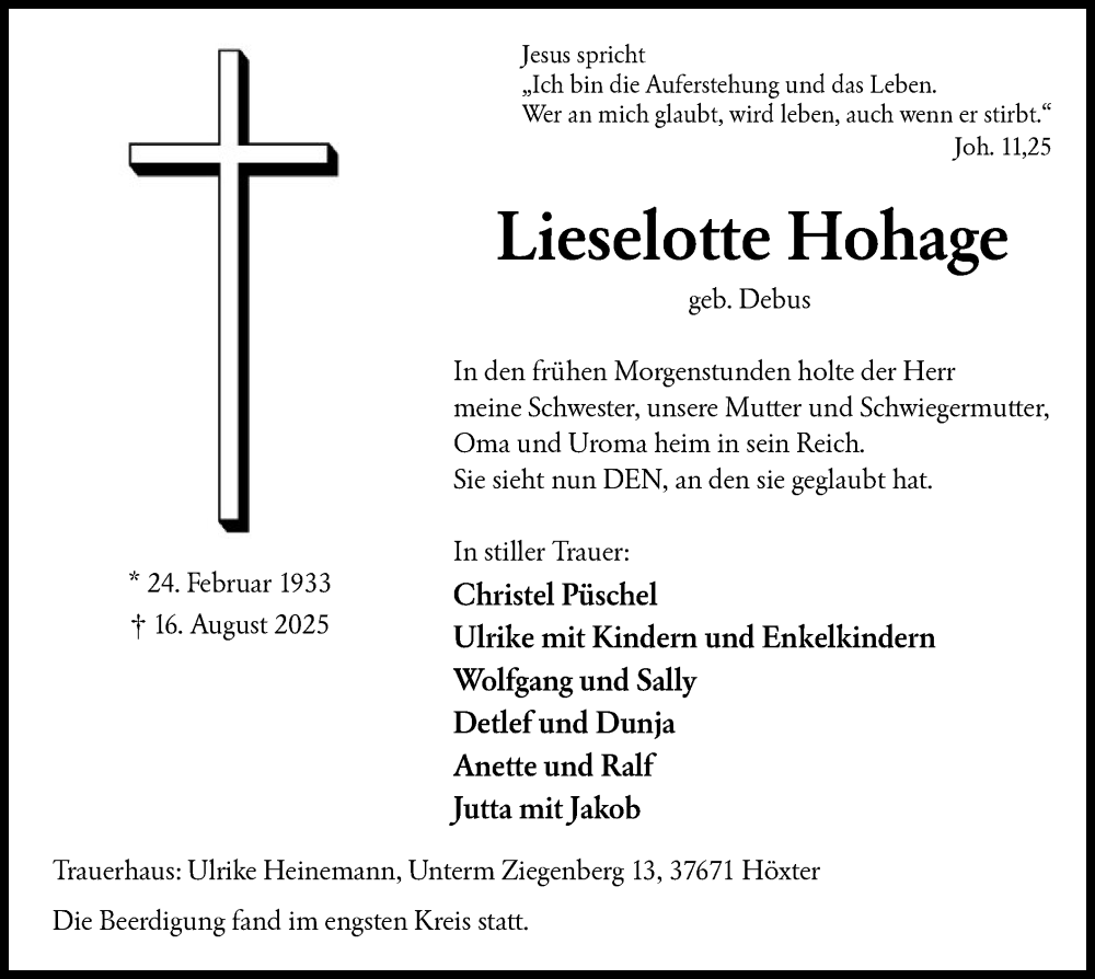  Traueranzeige für Lieselotte Hohage vom 20.09.2025 aus HALN