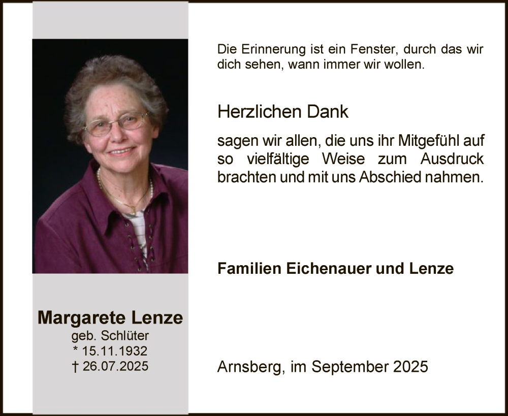  Traueranzeige für Margarete Lenze vom 13.09.2025 aus HASK