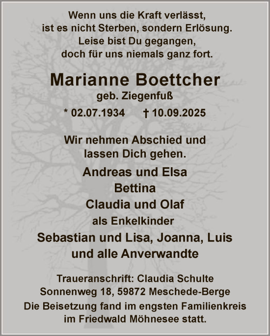 Traueranzeige von Marianne Boettcher von HASK