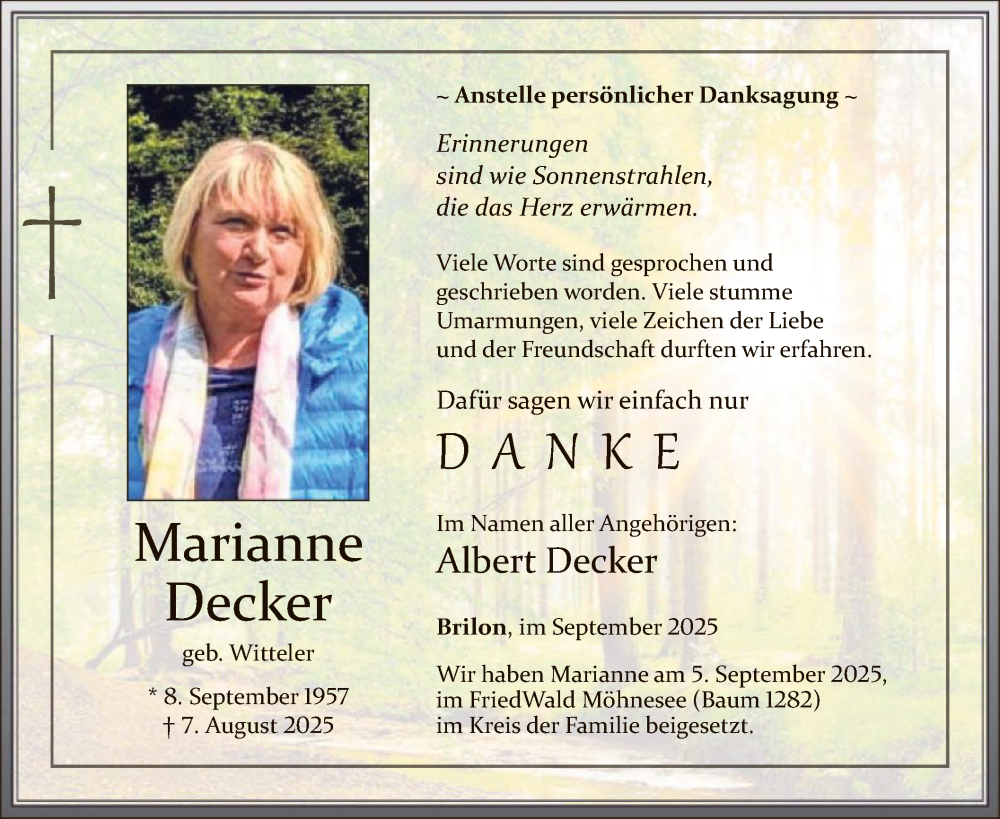  Traueranzeige für Marianne Decker vom 20.09.2025 aus HASK