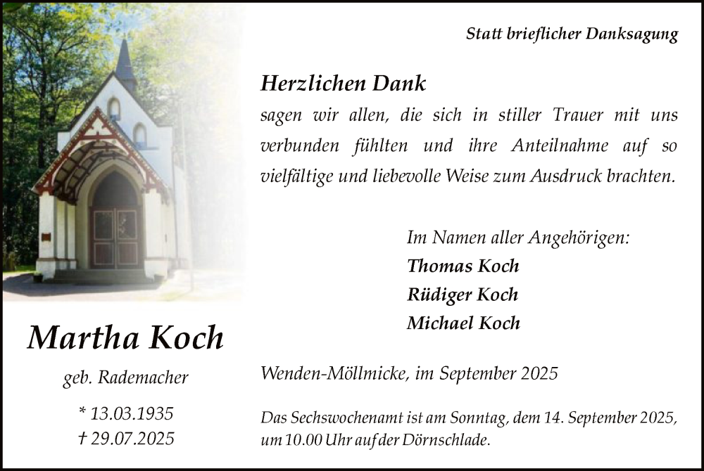  Traueranzeige für Martha Koch vom 06.09.2025 aus HASK