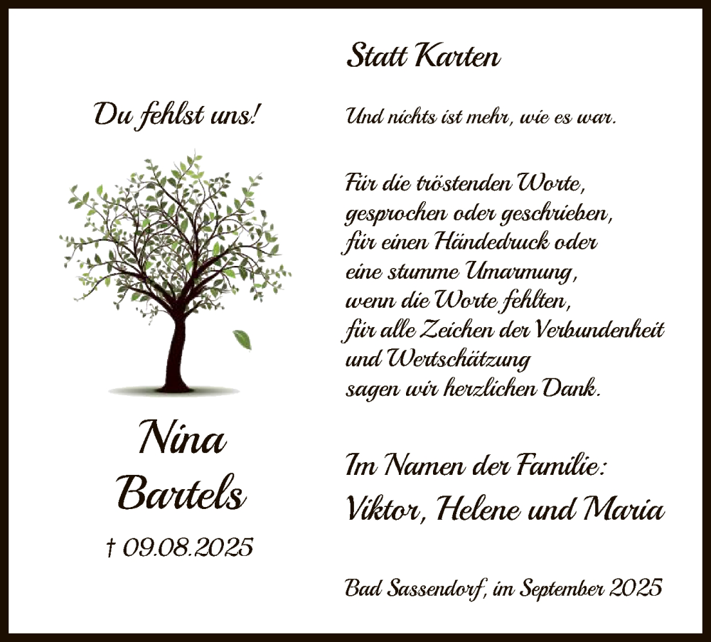  Traueranzeige für Nina Bartels vom 13.09.2025 aus HASO