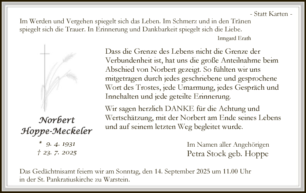  Traueranzeige für Norbert Hoppe-Meckeler vom 06.09.2025 aus HASO