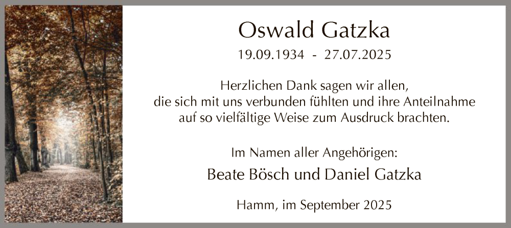 Traueranzeige für Oswald Gatzka vom 27.09.2025 aus HAWA