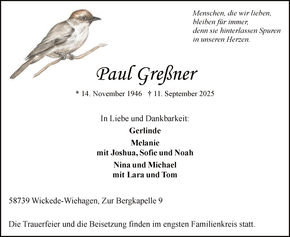  Traueranzeige für Paul Greßner vom 20.09.2025 aus HASO