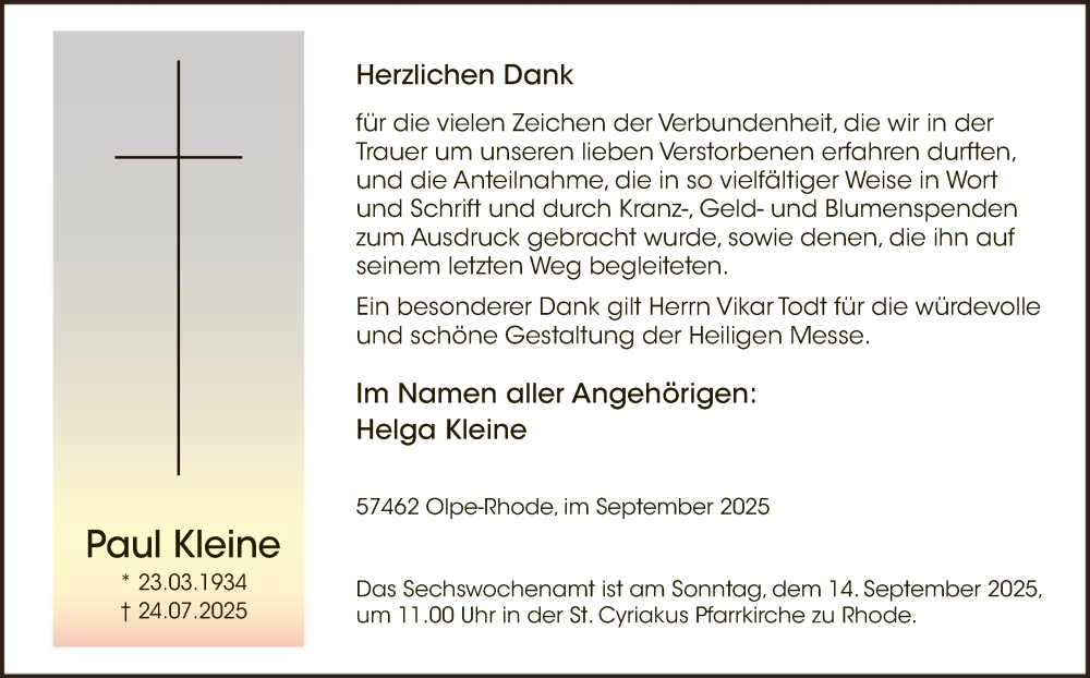  Traueranzeige für Paul Kleine vom 06.09.2025 aus HASK