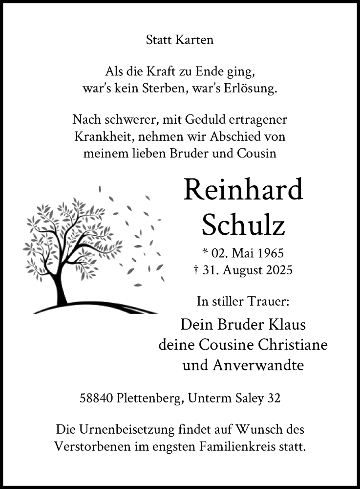  Traueranzeige für Reinhard Schulz vom 06.09.2025 aus HALN