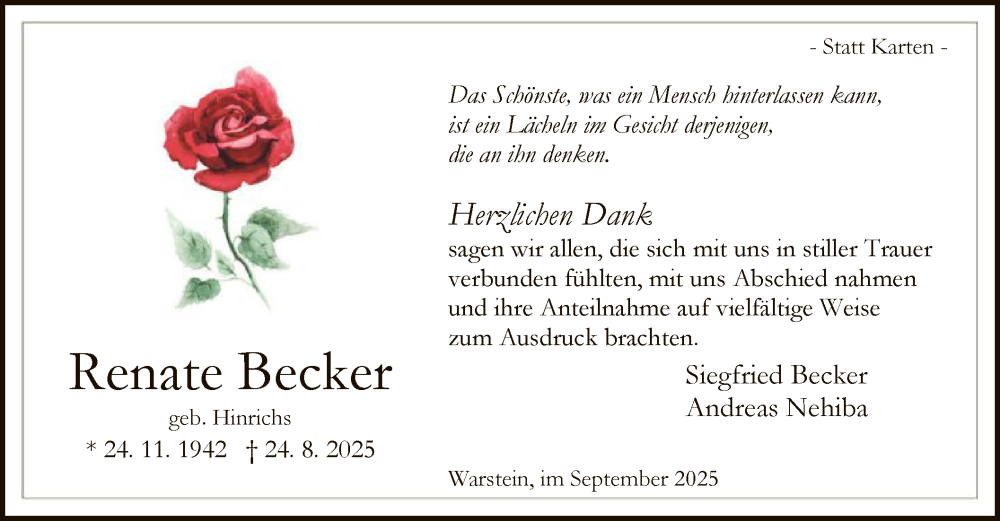  Traueranzeige für Renate Becker vom 27.09.2025 aus HASO