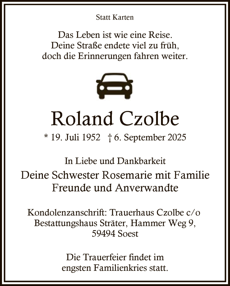  Traueranzeige für Roland Czolbe vom 27.09.2025 aus HASO