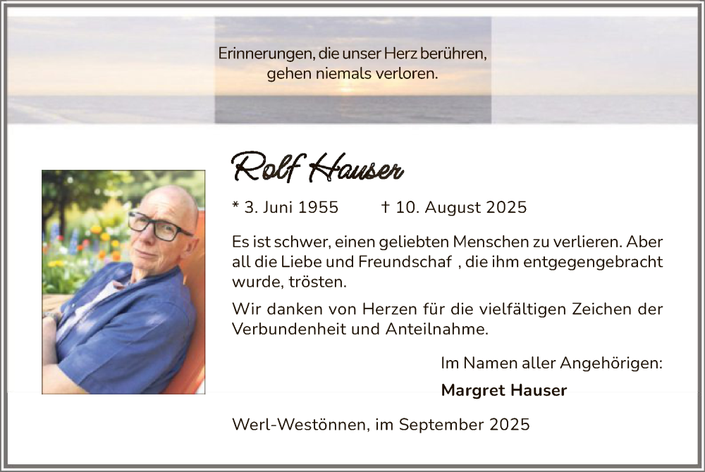  Traueranzeige für Rolf Hauser vom 13.09.2025 aus HASO