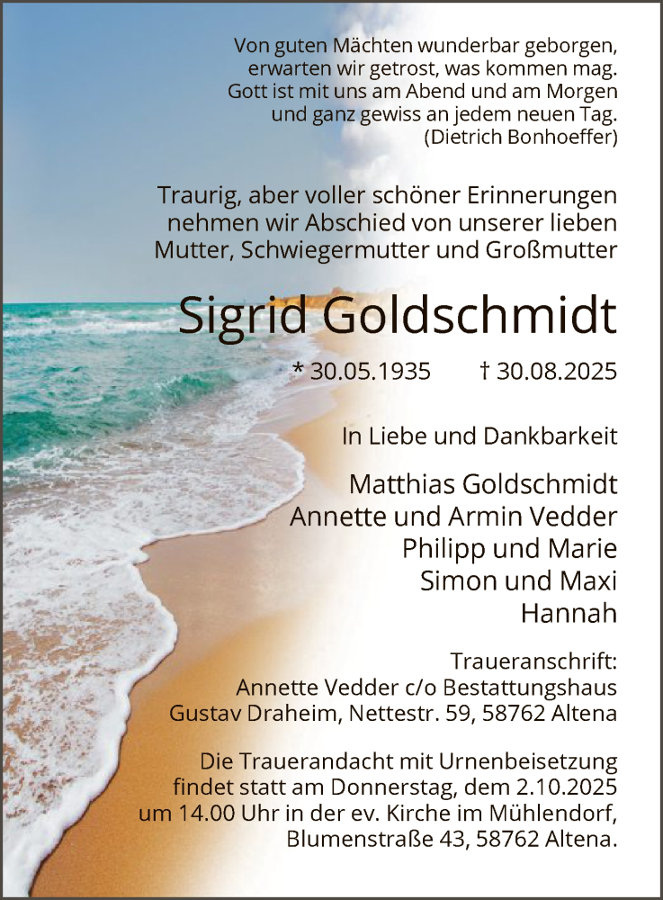  Traueranzeige für Sigrid Goldschmidt vom 13.09.2025 aus HALN