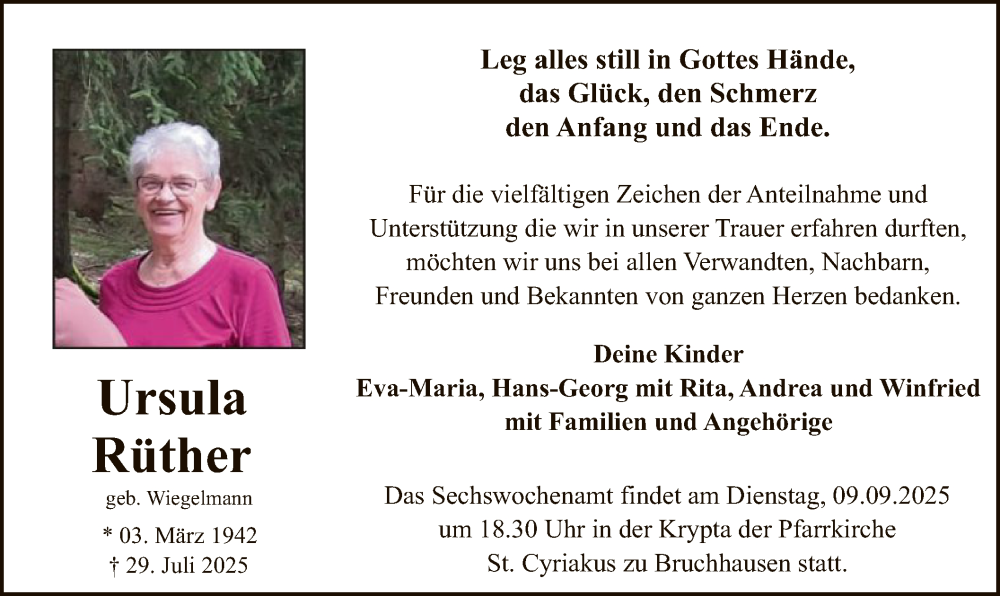  Traueranzeige für Ursula Rüther vom 06.09.2025 aus HASK