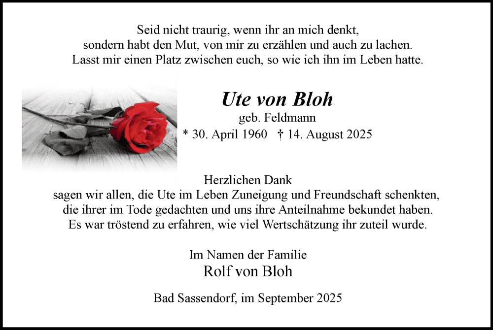  Traueranzeige für Ute von Bloh vom 13.09.2025 aus HASO