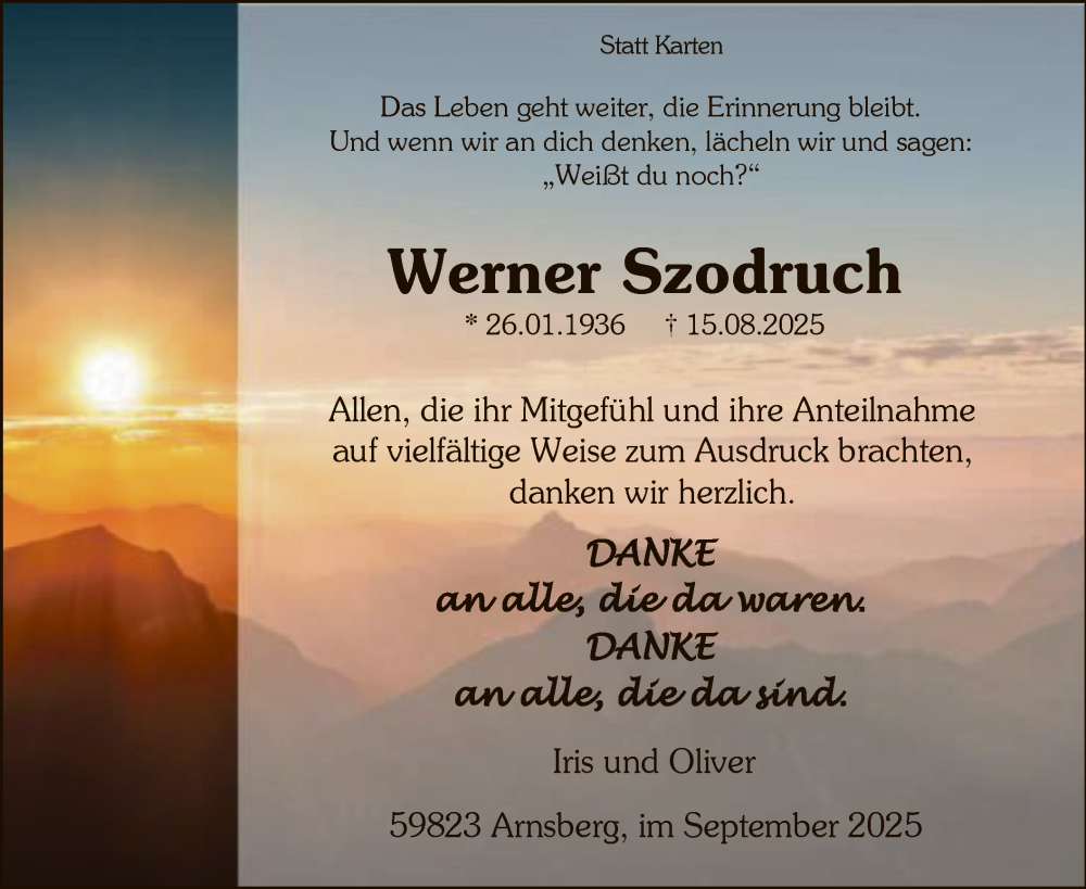  Traueranzeige für Werner Szodruch vom 27.09.2025 aus HASK