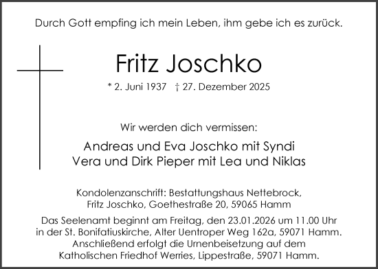 Traueranzeige von Fritz Joschko von HAWA