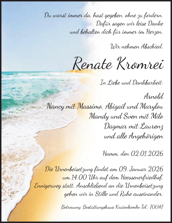 Traueranzeige von Renate Kromrei von HAWA