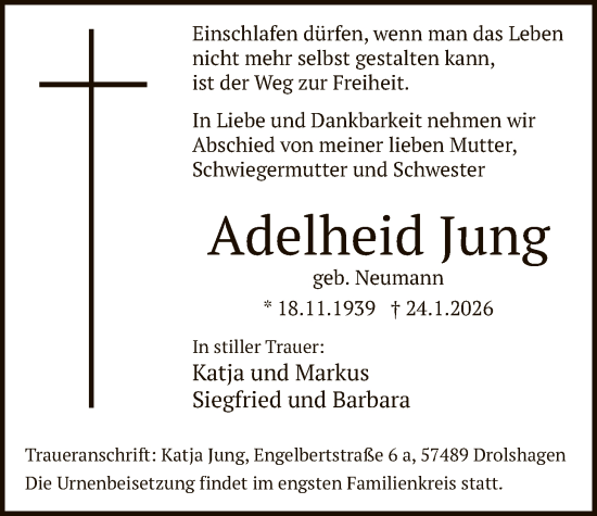 Traueranzeige von Adelheid Jung von HASK