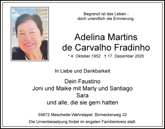 Traueranzeige von Adelina Martins de Carvalho Fradinho von HASK