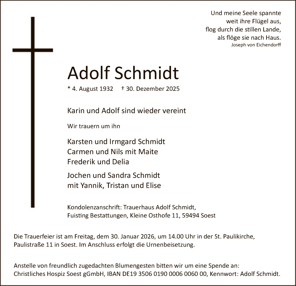  Traueranzeige für Adolf Schmidt vom 10.01.2026 aus HASO
