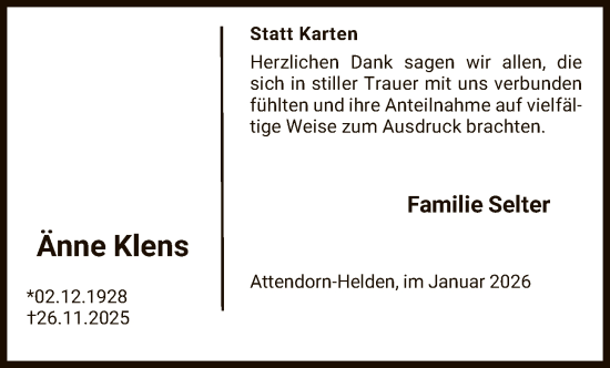 Traueranzeige von Änne Klens von HASK