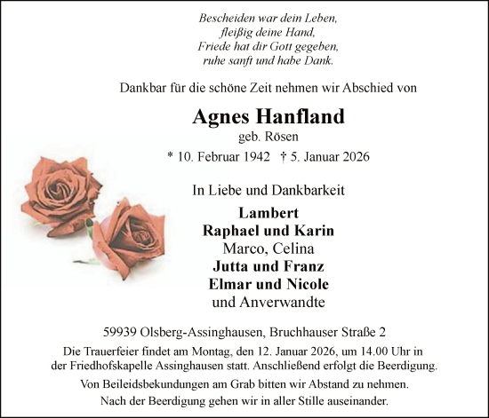 Traueranzeige von Agnes Hanfland von HASK