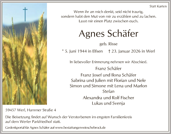 Traueranzeige von Agnes Schäfer von HASO
