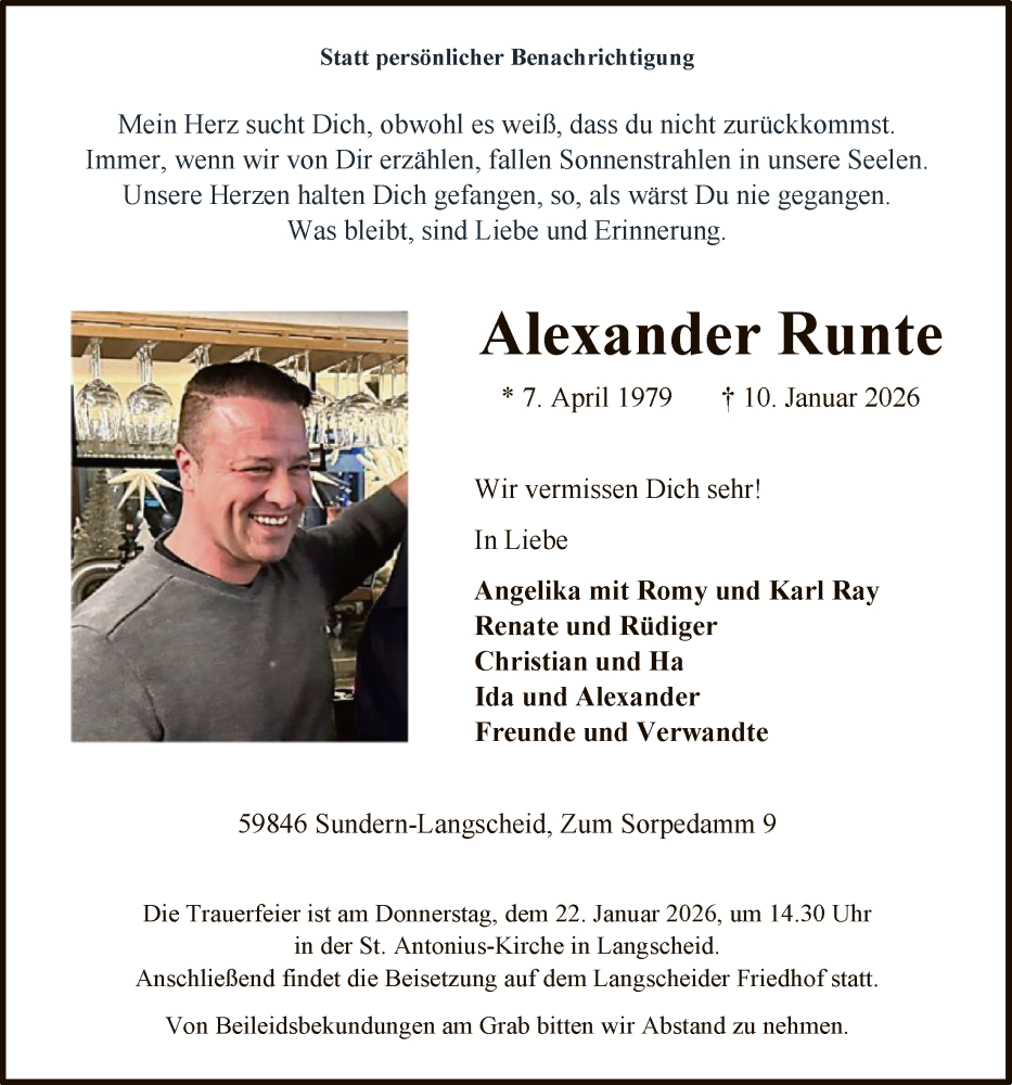  Traueranzeige für Alexander Runte vom 17.01.2026 aus HASK