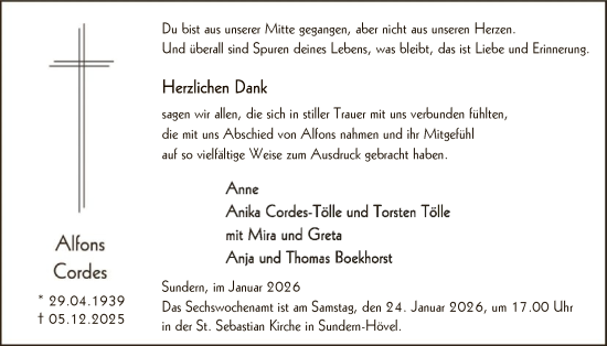 Traueranzeige von Alfons Cordes von HASK
