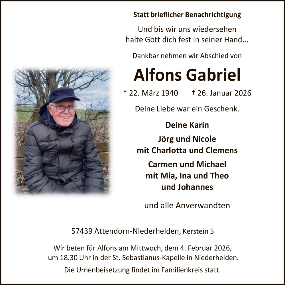  Traueranzeige für Alfons Gabriel vom 31.01.2026 aus HASK