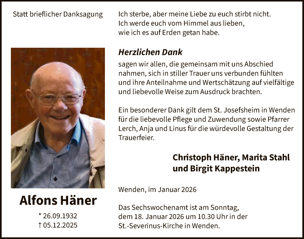  Traueranzeige für Alfons Häner vom 10.01.2026 aus HASK