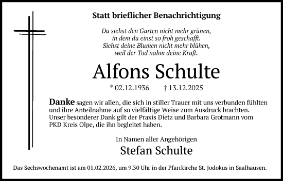 Traueranzeige von Alfons Schulte von HASK