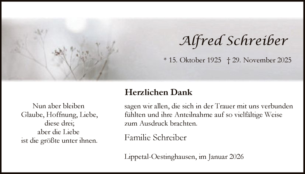  Traueranzeige für Alfred Schreiber vom 10.01.2026 aus HASO