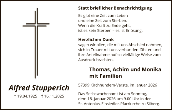 Traueranzeige von Alfred Stupperich von HASK