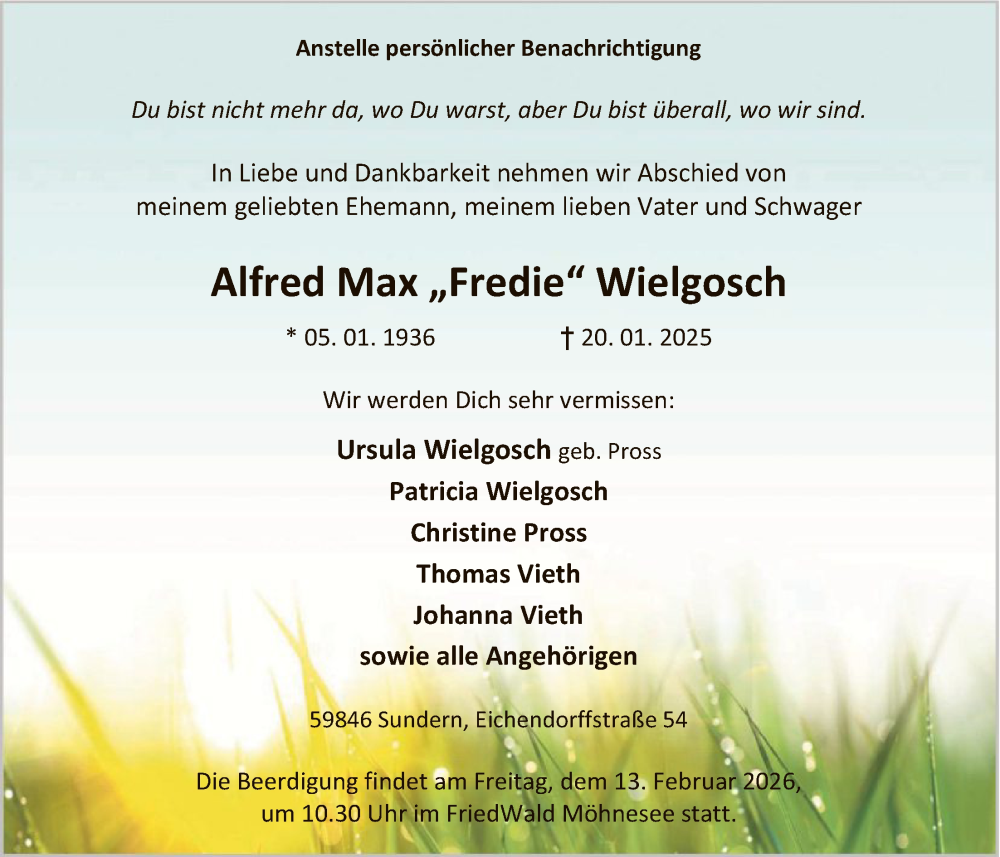  Traueranzeige für Alfred Max Wielgosch vom 31.01.2026 aus HASK