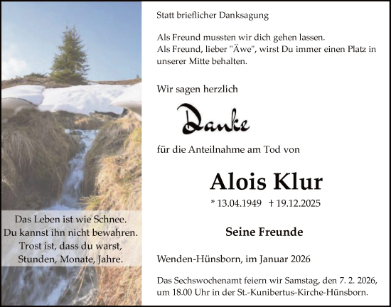 Traueranzeige von Alois Klur von HASK