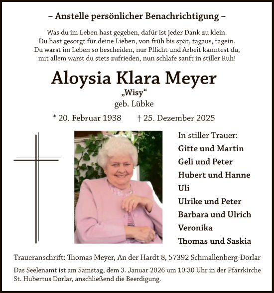Traueranzeige von Aloysia Klara Meyer von HASK