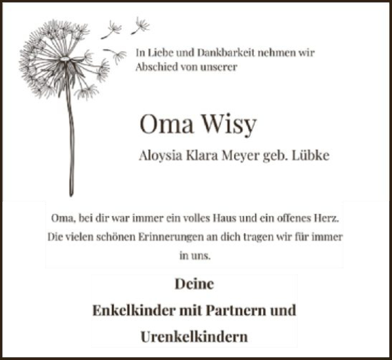Traueranzeige von Aloysia Klara Meyer von HASK