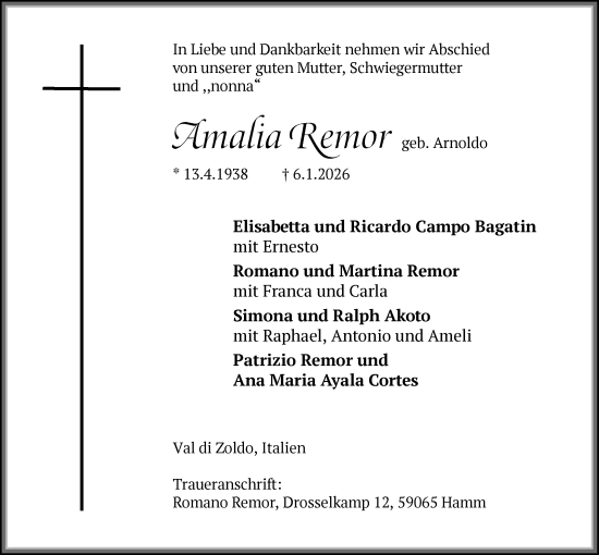 Traueranzeige von Amalia Remor von HAWA