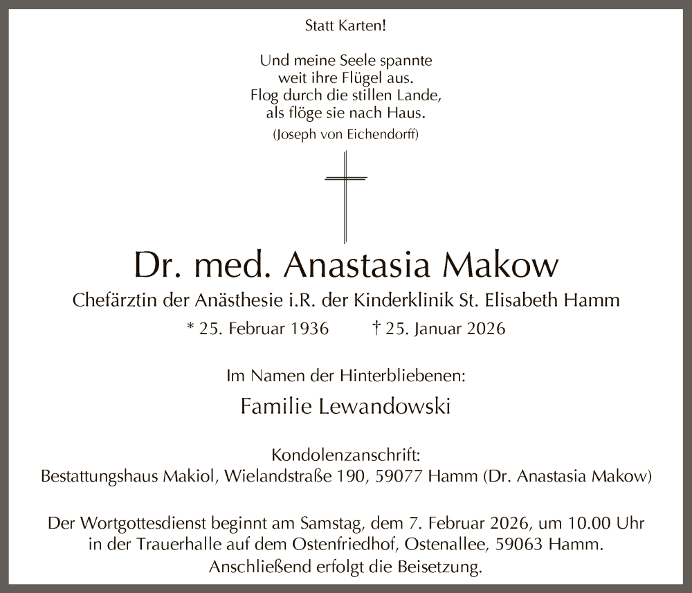  Traueranzeige für Anastasia Makow vom 31.01.2026 aus HAWA