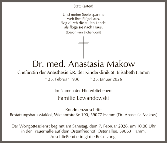 Traueranzeige von Anastasia Makow von HAWA