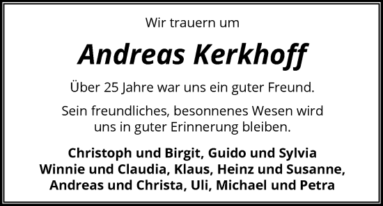 Traueranzeige von Andreas Kerkhoff von HASO