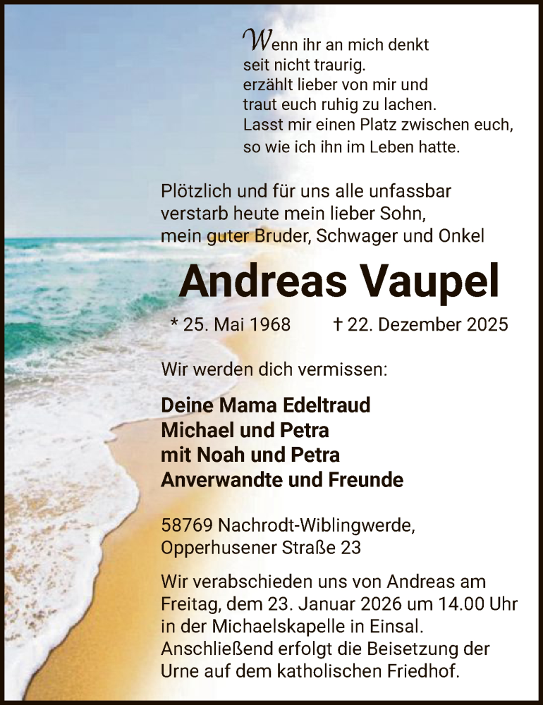  Traueranzeige für Andreas Vaupel vom 16.01.2026 aus HALN