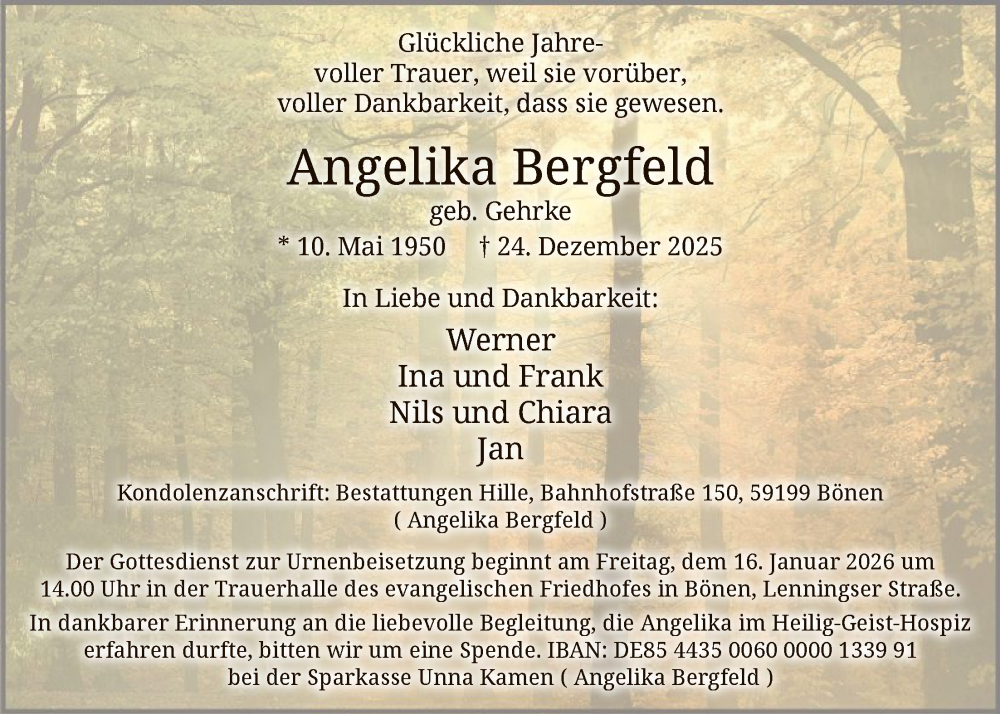  Traueranzeige für Angelika Bergfeld vom 13.01.2026 aus HAWA
