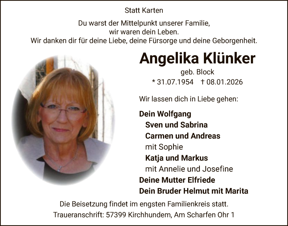 Traueranzeige für Angelika Klünker vom 17.01.2026 aus HASK