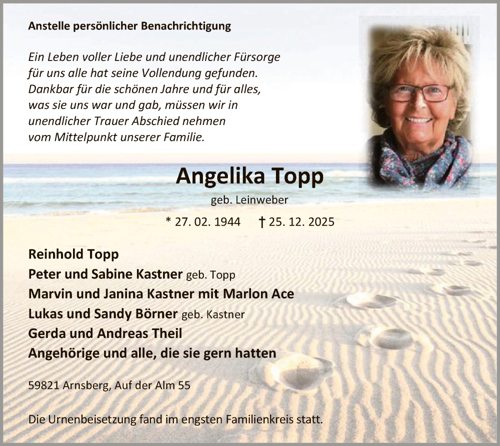  Traueranzeige für Angelika Topp vom 10.01.2026 aus HASK